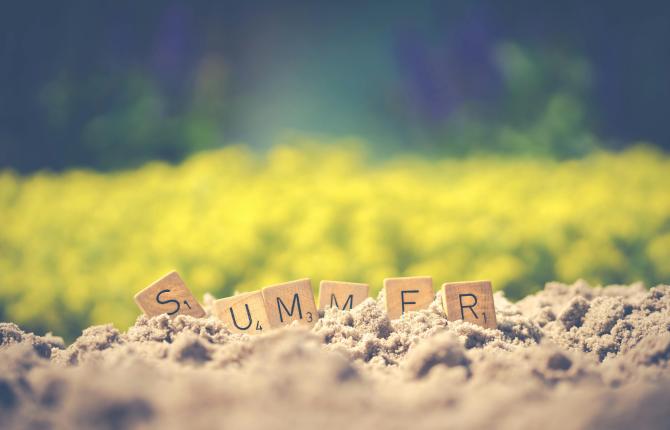 Afbeelding van een veld met op de voorgrond scrabble letters die het woord 'summer' vormen